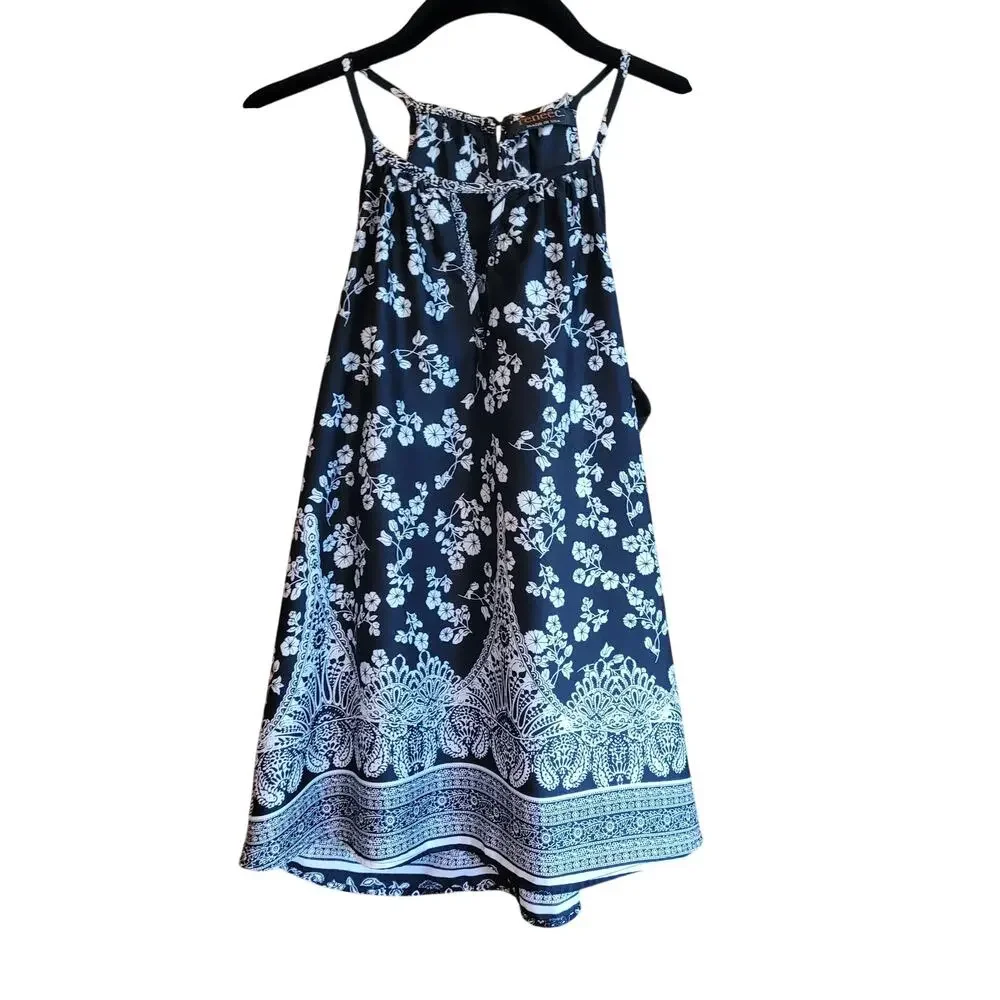 Renee C Black Floral Halter Top Size S Paisley Border Boho Y2K Indie Festival